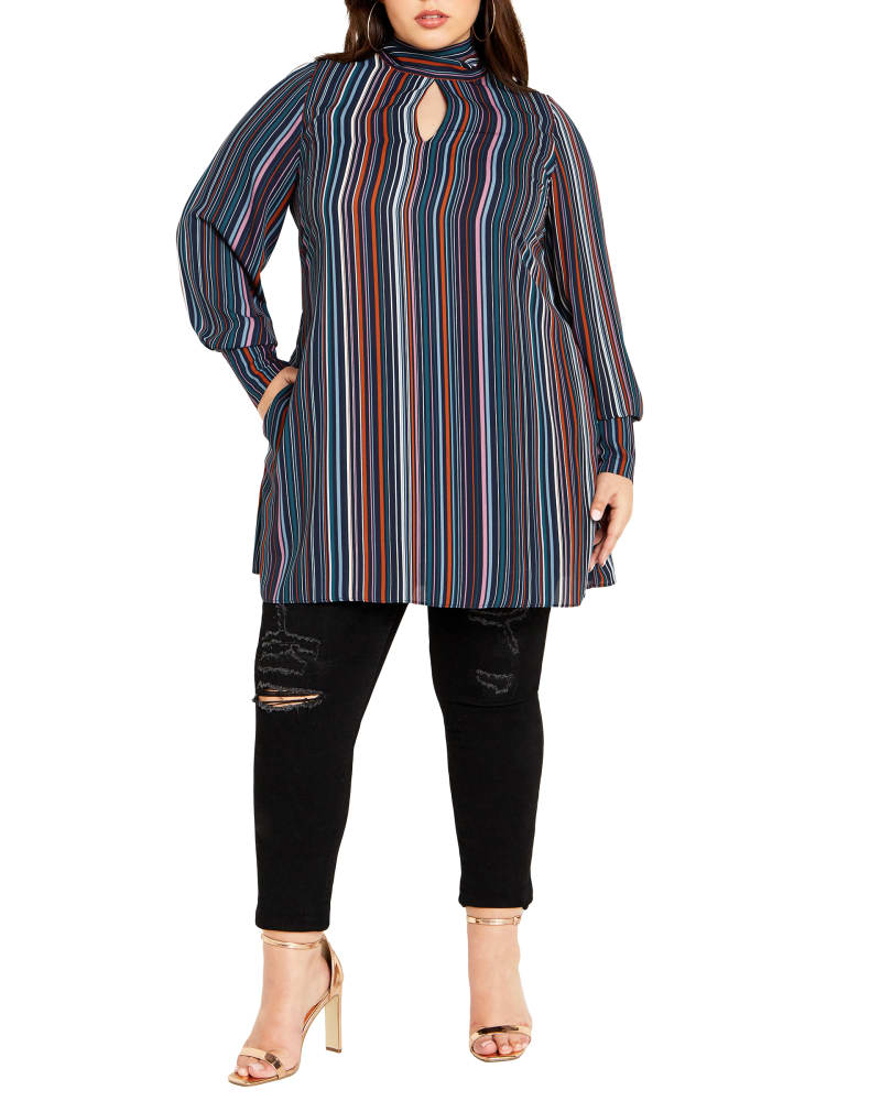 Front of a model wearing a size M Illusion Tunic in Midnight Stripe by City Chic. | dia_product_style_image_id:320490